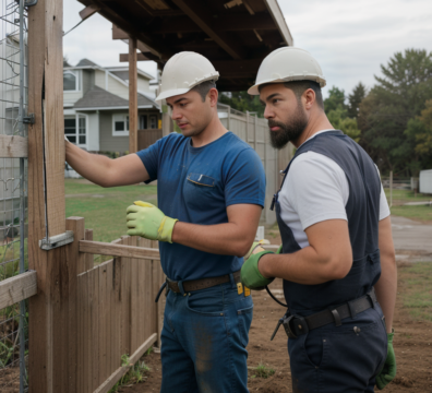 Fence repair team inspecting a broken wood post on residential property in Fort Worth, TX