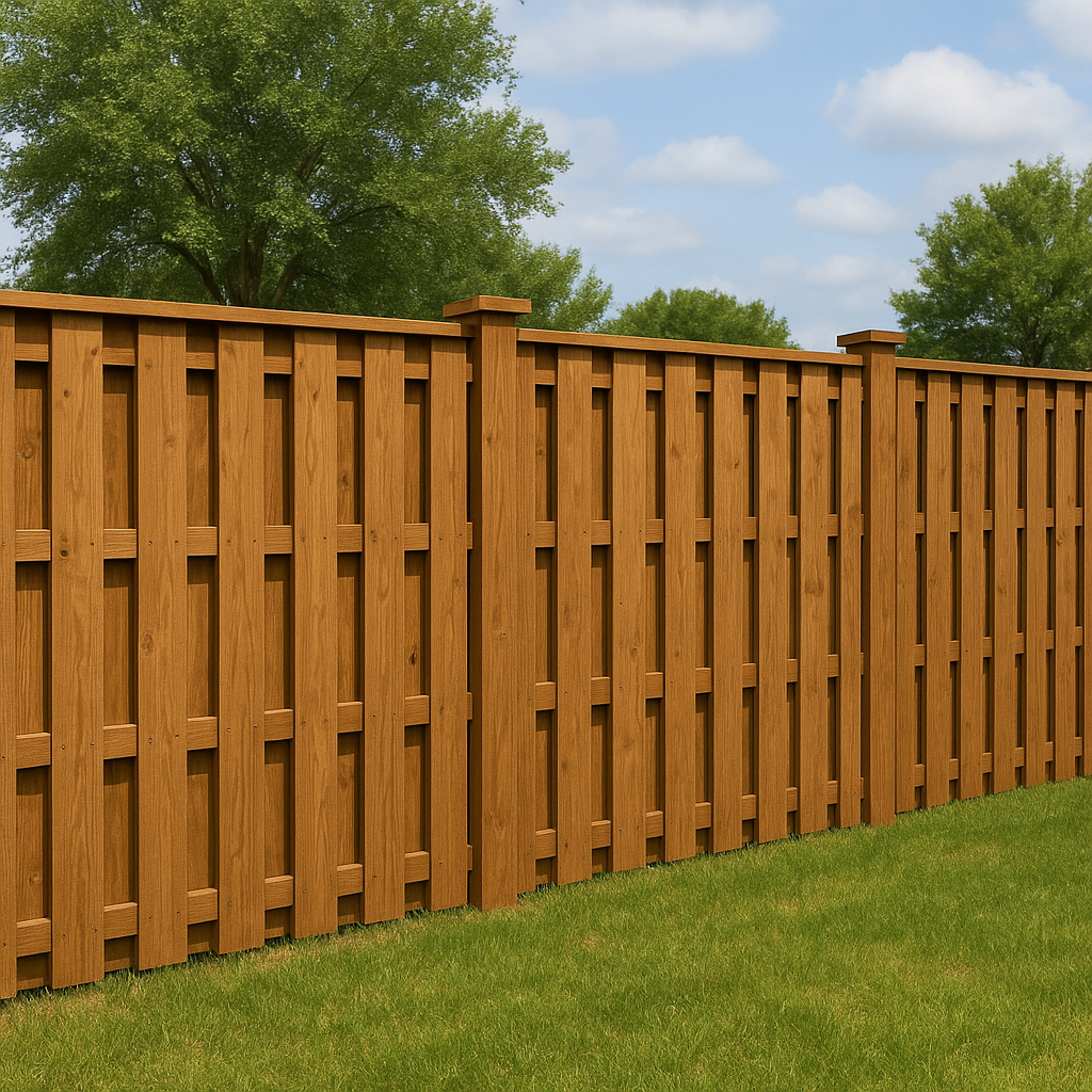 Shadowbox fence with alternating pickets installed in a backyard in Burleson, Texas