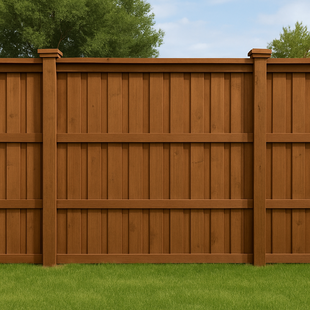 Front-facing view of a board-on-board wood fence installed in Fort Worth backyard
