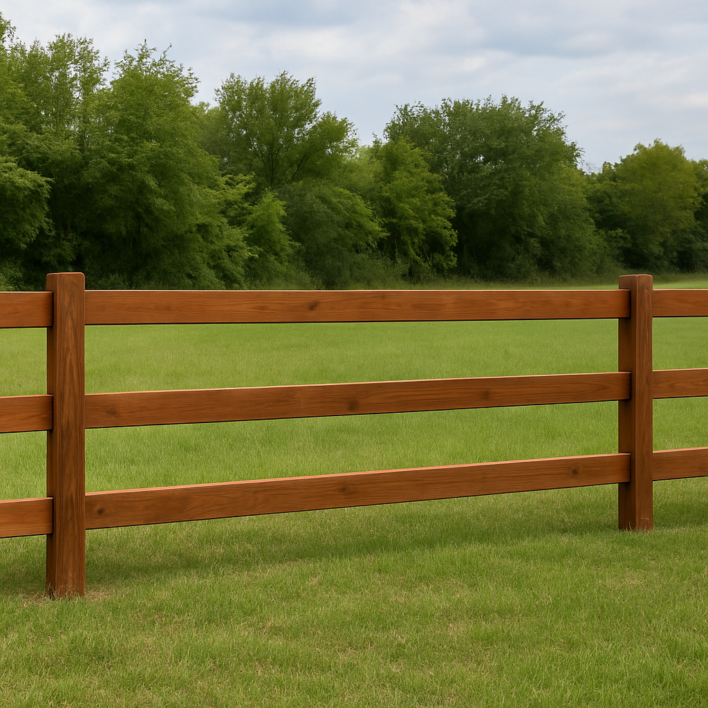 Three-rail wooden ranch fence installed on open land in Burleson, Texas