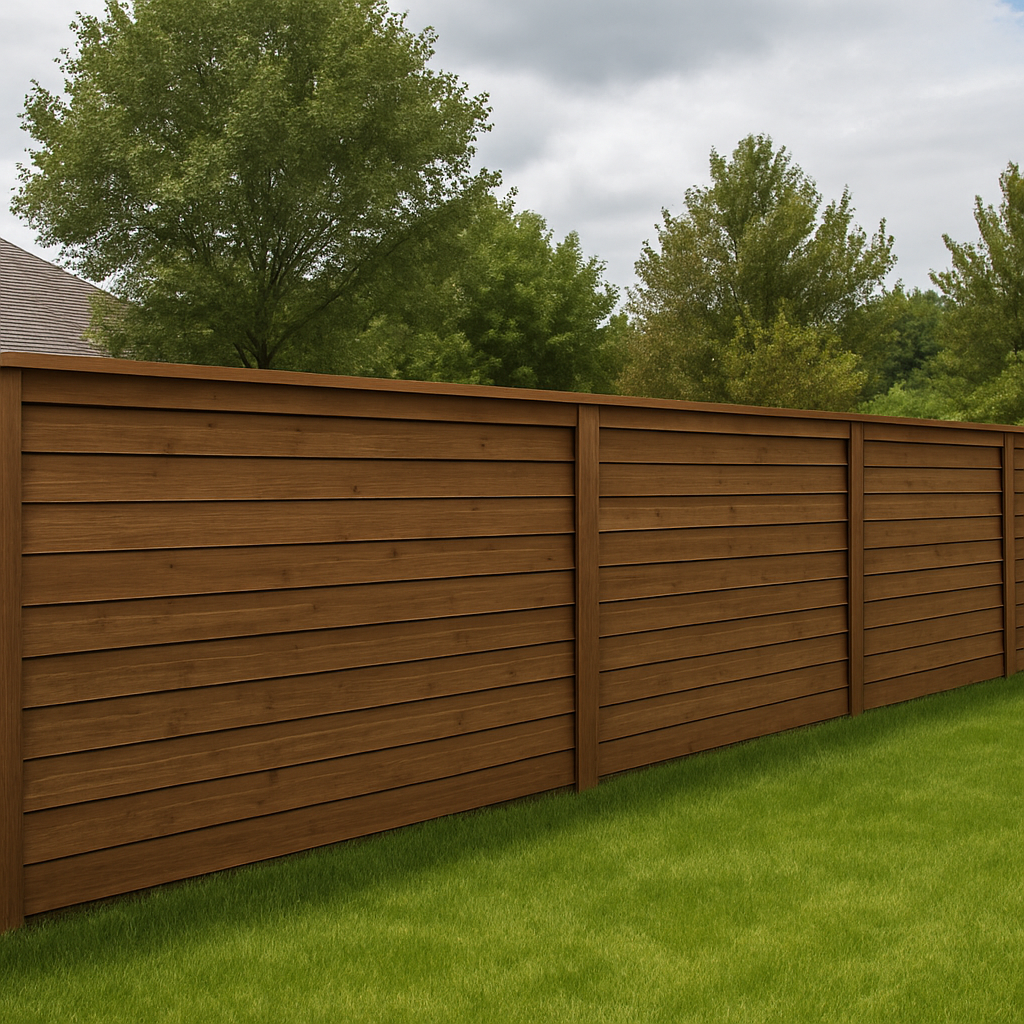 Modern horizontal wood fence installation with clean lines and dark stain in a residential backyard